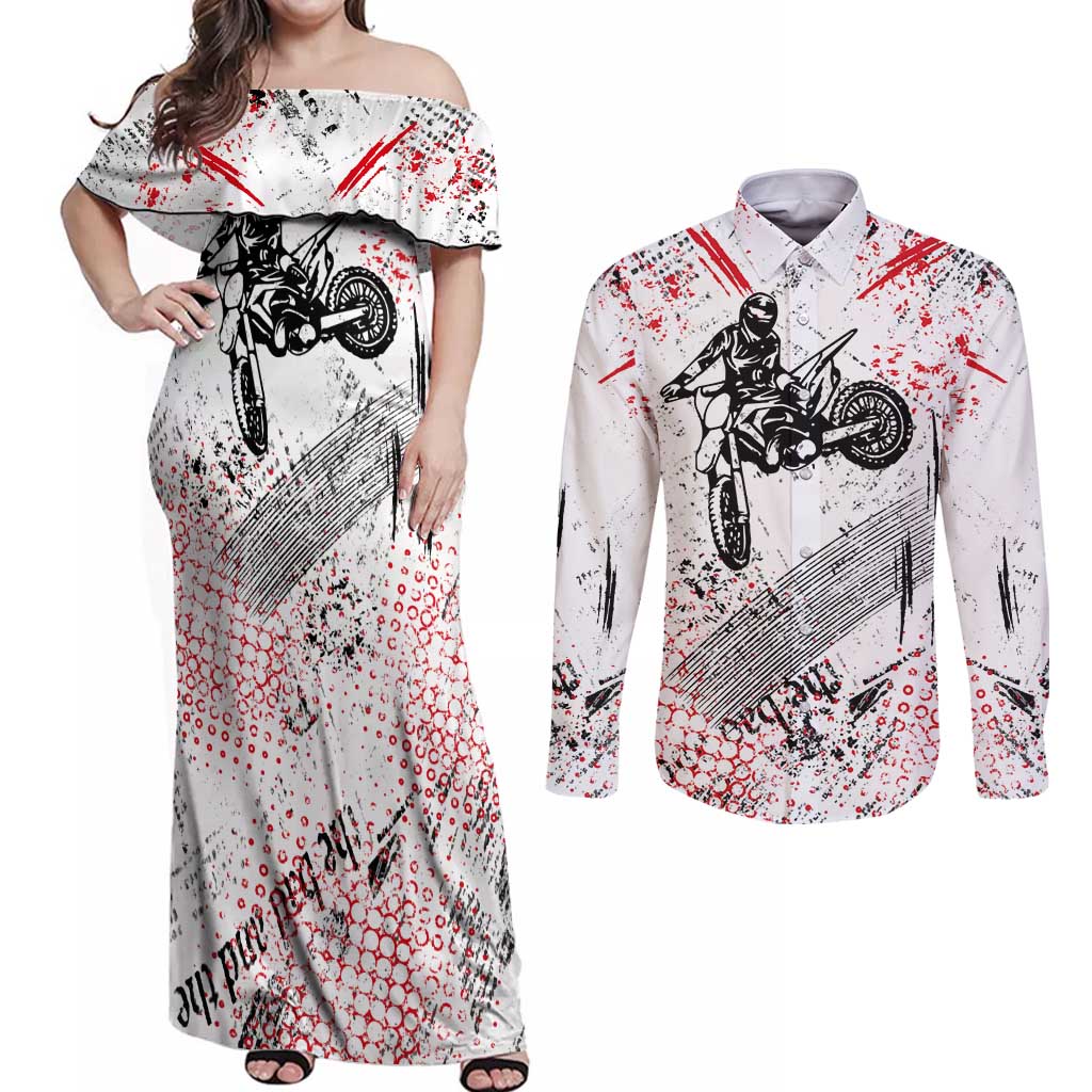 Motocross Rider Couples Matching Off Shoulder Maxi Dress and Long Sleeve Button Shirt with Abstract Grunge Brush and Custom Number in Red and Black Splatter Design - Wonder Print Shop