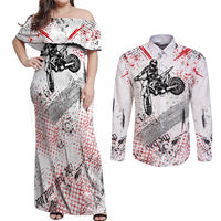 Motocross Rider Couples Matching Off Shoulder Maxi Dress and Long Sleeve Button Shirt with Abstract Grunge Brush and Custom Number in Red and Black Splatter Design - Wonder Print Shop