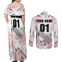 Motocross Rider Couples Matching Off Shoulder Maxi Dress and Long Sleeve Button Shirt with Abstract Grunge Brush and Custom Number in Red and Black Splatter Design - Wonder Print Shop