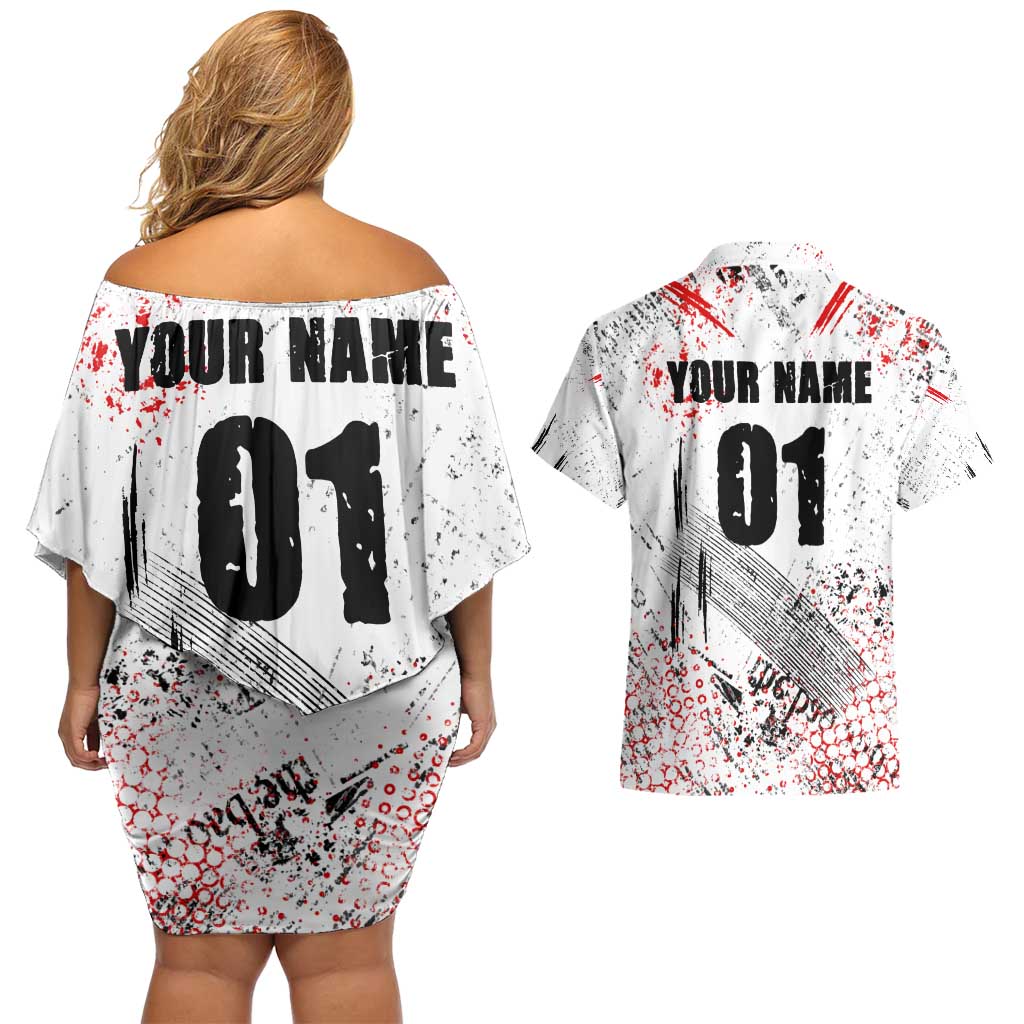 Motocross Rider Couples Matching Off Shoulder Short Dress and Hawaiian Shirt with Abstract Grunge Brush and Custom Number in Red and Black Splatter Design - Wonder Print Shop