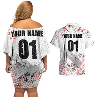 Motocross Rider Couples Matching Off Shoulder Short Dress and Hawaiian Shirt with Abstract Grunge Brush and Custom Number in Red and Black Splatter Design - Wonder Print Shop