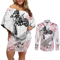 Motocross Rider Couples Matching Off Shoulder Short Dress and Long Sleeve Button Shirt with Abstract Grunge Brush and Custom Number in Red and Black Splatter Design - Wonder Print Shop
