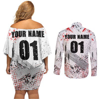 Motocross Rider Couples Matching Off Shoulder Short Dress and Long Sleeve Button Shirt with Abstract Grunge Brush and Custom Number in Red and Black Splatter Design - Wonder Print Shop