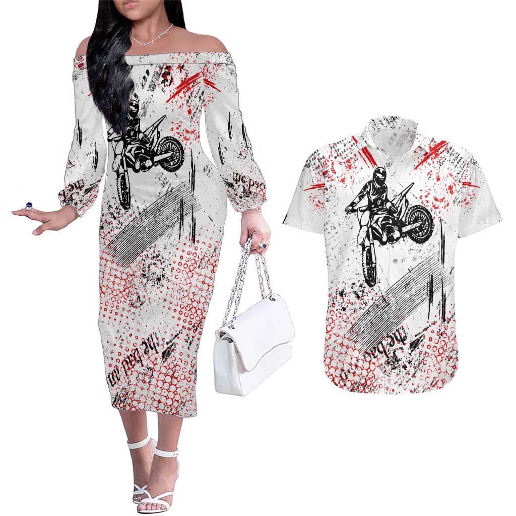 Motocross Rider Couples Matching Off The Shoulder Long Sleeve Dress and Hawaiian Shirt with Abstract Grunge Brush and Custom Number in Red and Black Splatter Design - Wonder Print Shop