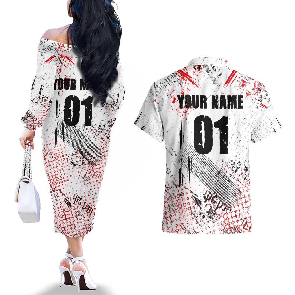 Motocross Rider Couples Matching Off The Shoulder Long Sleeve Dress and Hawaiian Shirt with Abstract Grunge Brush and Custom Number in Red and Black Splatter Design - Wonder Print Shop