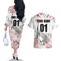 Motocross Rider Couples Matching Off The Shoulder Long Sleeve Dress and Hawaiian Shirt with Abstract Grunge Brush and Custom Number in Red and Black Splatter Design - Wonder Print Shop