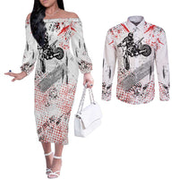 Motocross Rider Couples Matching Off The Shoulder Long Sleeve Dress and Long Sleeve Button Shirt with Abstract Grunge Brush and Custom Number in Red and Black Splatter Design - Wonder Print Shop