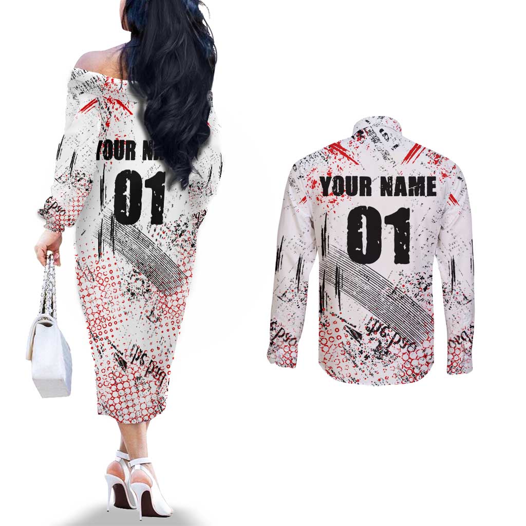 Motocross Rider Couples Matching Off The Shoulder Long Sleeve Dress and Long Sleeve Button Shirt with Abstract Grunge Brush and Custom Number in Red and Black Splatter Design - Wonder Print Shop