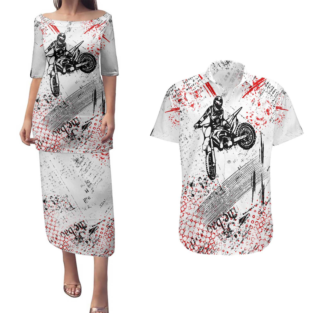 Motocross Rider Couples Matching Puletasi and Hawaiian Shirt with Abstract Grunge Brush and Custom Number in Red and Black Splatter Design - Wonder Print Shop