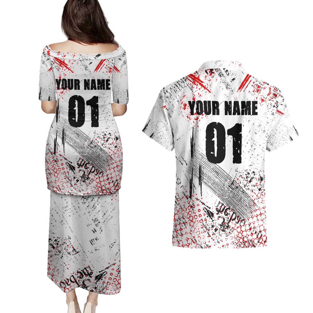 Motocross Rider Couples Matching Puletasi and Hawaiian Shirt with Abstract Grunge Brush and Custom Number in Red and Black Splatter Design - Wonder Print Shop