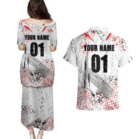 Motocross Rider Couples Matching Puletasi and Hawaiian Shirt with Abstract Grunge Brush and Custom Number in Red and Black Splatter Design - Wonder Print Shop