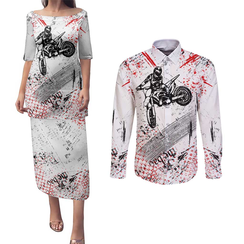 Motocross Rider Couples Matching Puletasi and Long Sleeve Button Shirt with Abstract Grunge Brush and Custom Number in Red and Black Splatter Design - Wonder Print Shop