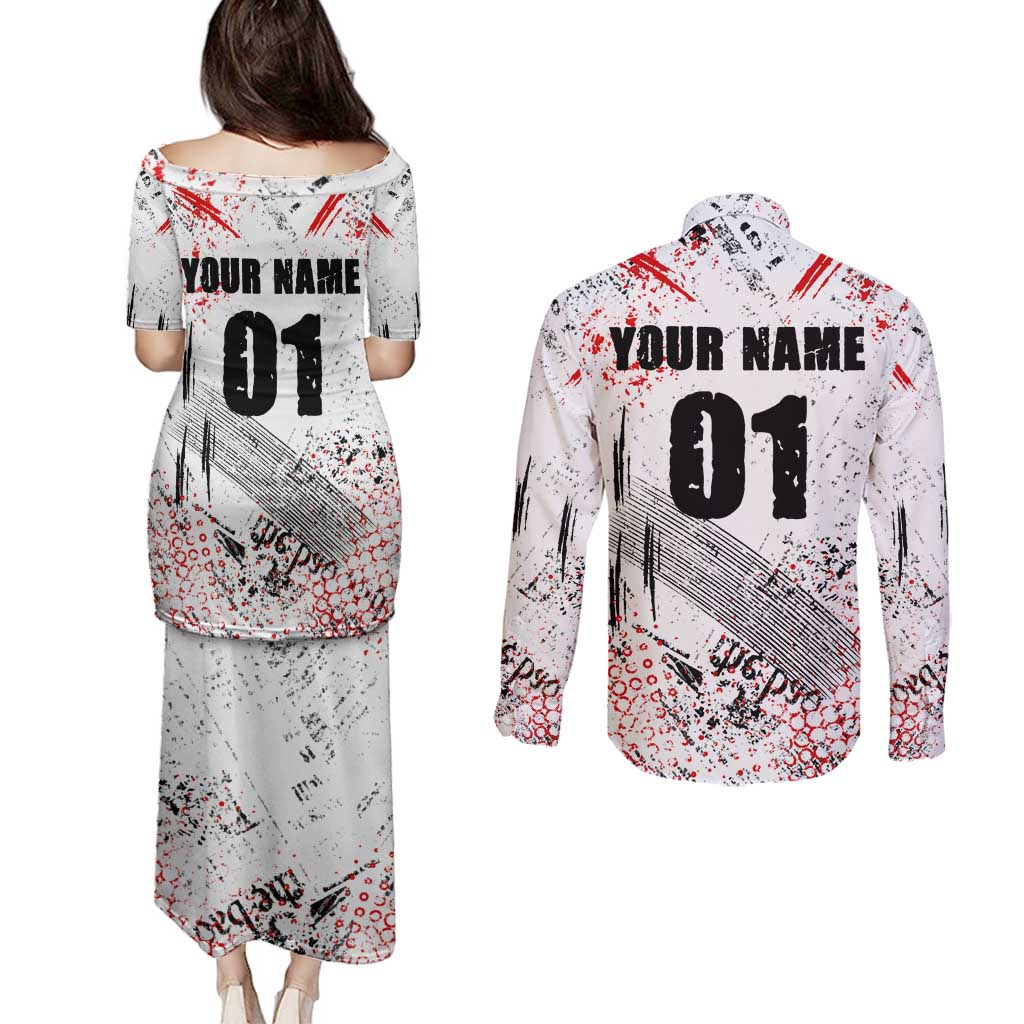 Motocross Rider Couples Matching Puletasi and Long Sleeve Button Shirt with Abstract Grunge Brush and Custom Number in Red and Black Splatter Design - Wonder Print Shop