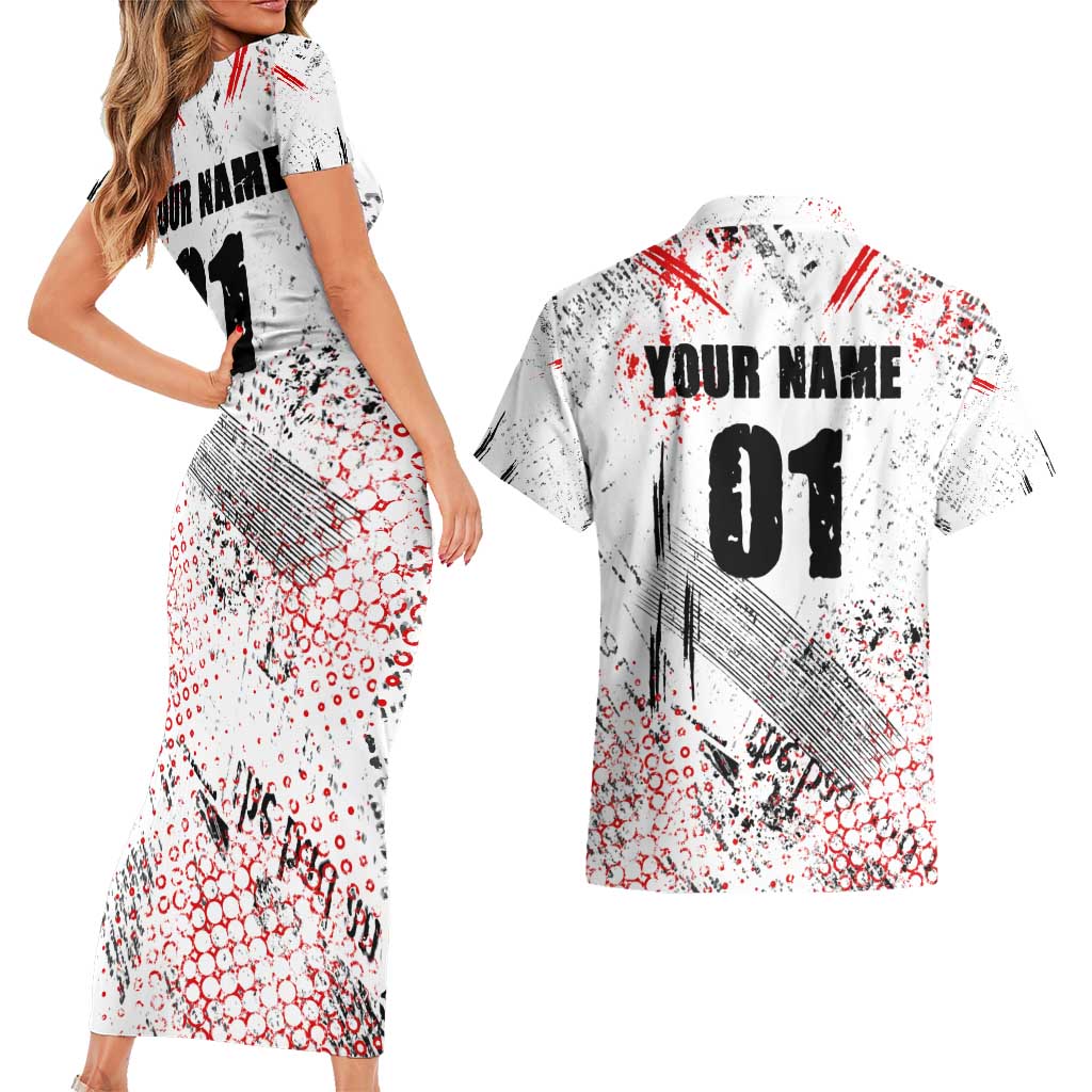 Motocross Rider Couples Matching Short Sleeve Bodycon Dress and Hawaiian Shirt with Abstract Grunge Brush and Custom Number in Red and Black Splatter Design - Wonder Print Shop