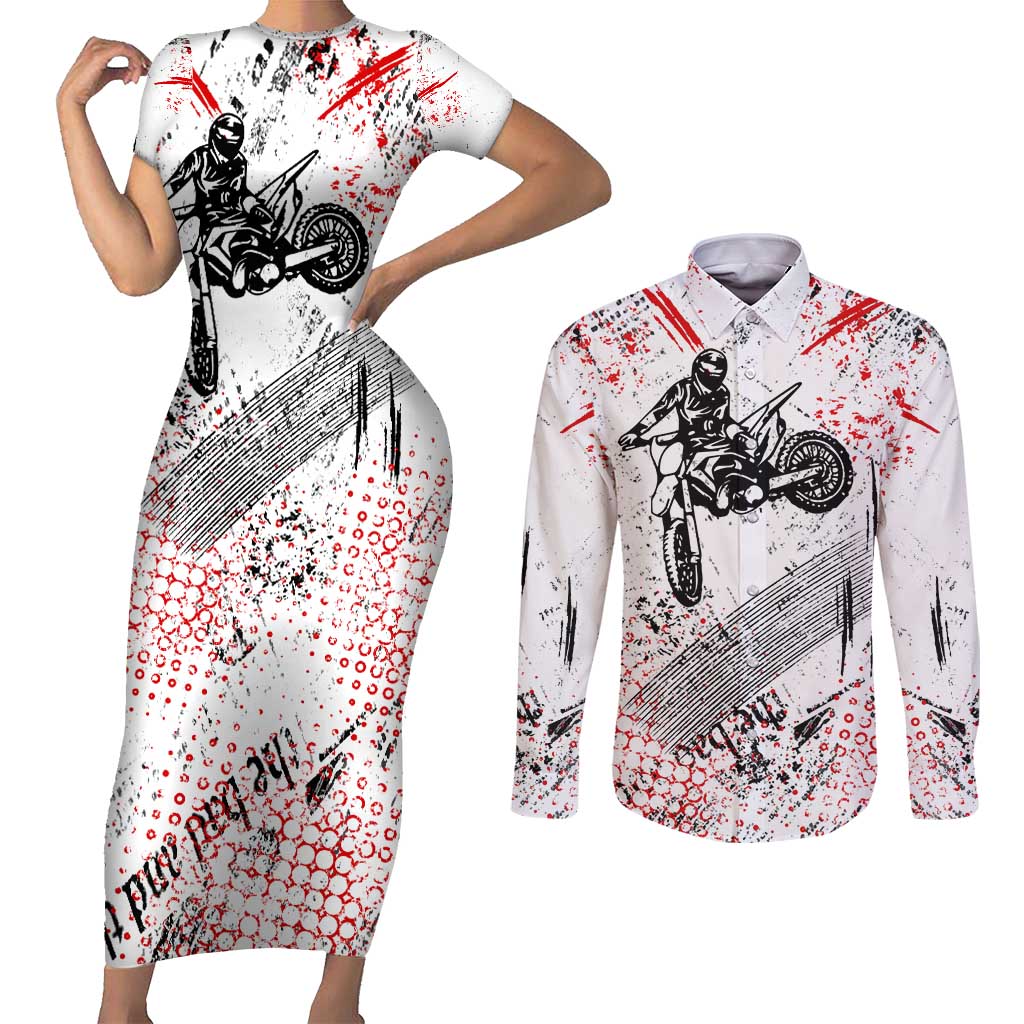 Motocross Rider Couples Matching Short Sleeve Bodycon Dress and Long Sleeve Button Shirt with Abstract Grunge Brush and Custom Number in Red and Black Splatter Design - Wonder Print Shop