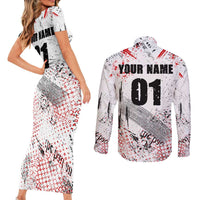 Motocross Rider Couples Matching Short Sleeve Bodycon Dress and Long Sleeve Button Shirt with Abstract Grunge Brush and Custom Number in Red and Black Splatter Design - Wonder Print Shop