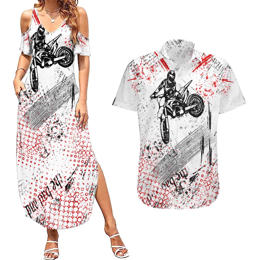 Motocross Rider Couples Matching Summer Maxi Dress and Hawaiian Shirt with Abstract Grunge Brush and Custom Number in Red and Black Splatter Design - Wonder Print Shop