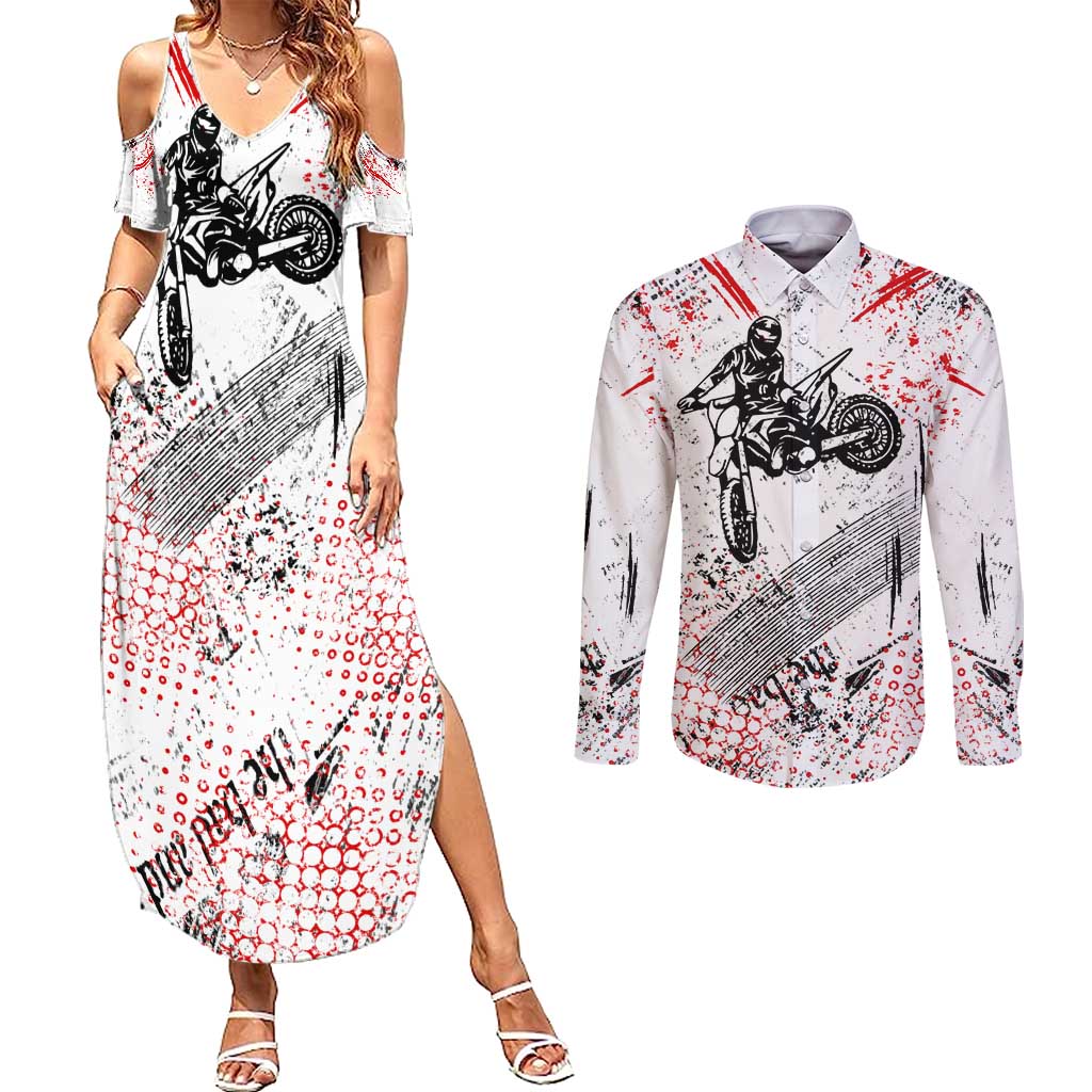 Motocross Rider Couples Matching Summer Maxi Dress and Long Sleeve Button Shirt with Abstract Grunge Brush and Custom Number in Red and Black Splatter Design - Wonder Print Shop