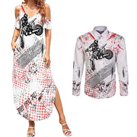 Motocross Rider Couples Matching Summer Maxi Dress and Long Sleeve Button Shirt with Abstract Grunge Brush and Custom Number in Red and Black Splatter Design - Wonder Print Shop