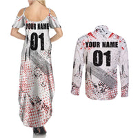 Motocross Rider Couples Matching Summer Maxi Dress and Long Sleeve Button Shirt with Abstract Grunge Brush and Custom Number in Red and Black Splatter Design - Wonder Print Shop