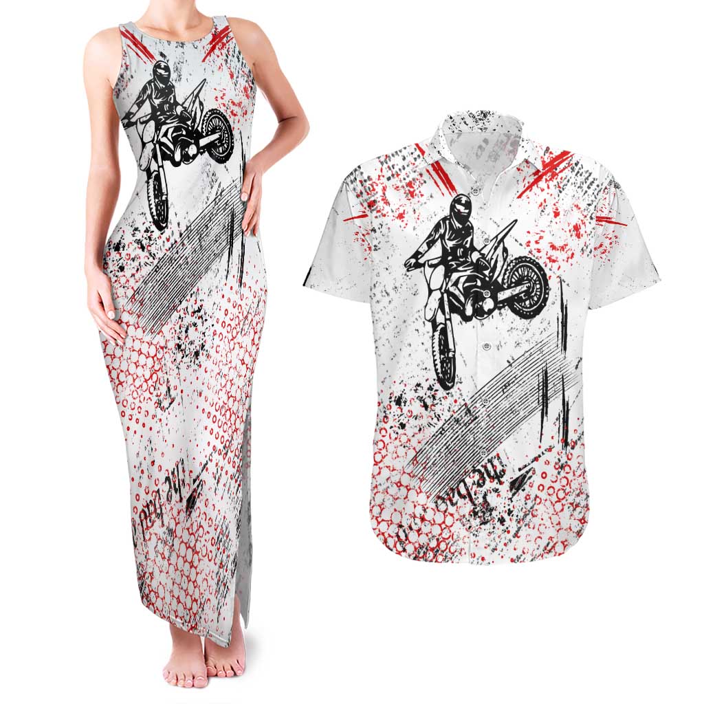 Motocross Rider Couples Matching Tank Maxi Dress and Hawaiian Shirt with Abstract Grunge Brush and Custom Number in Red and Black Splatter Design - Wonder Print Shop