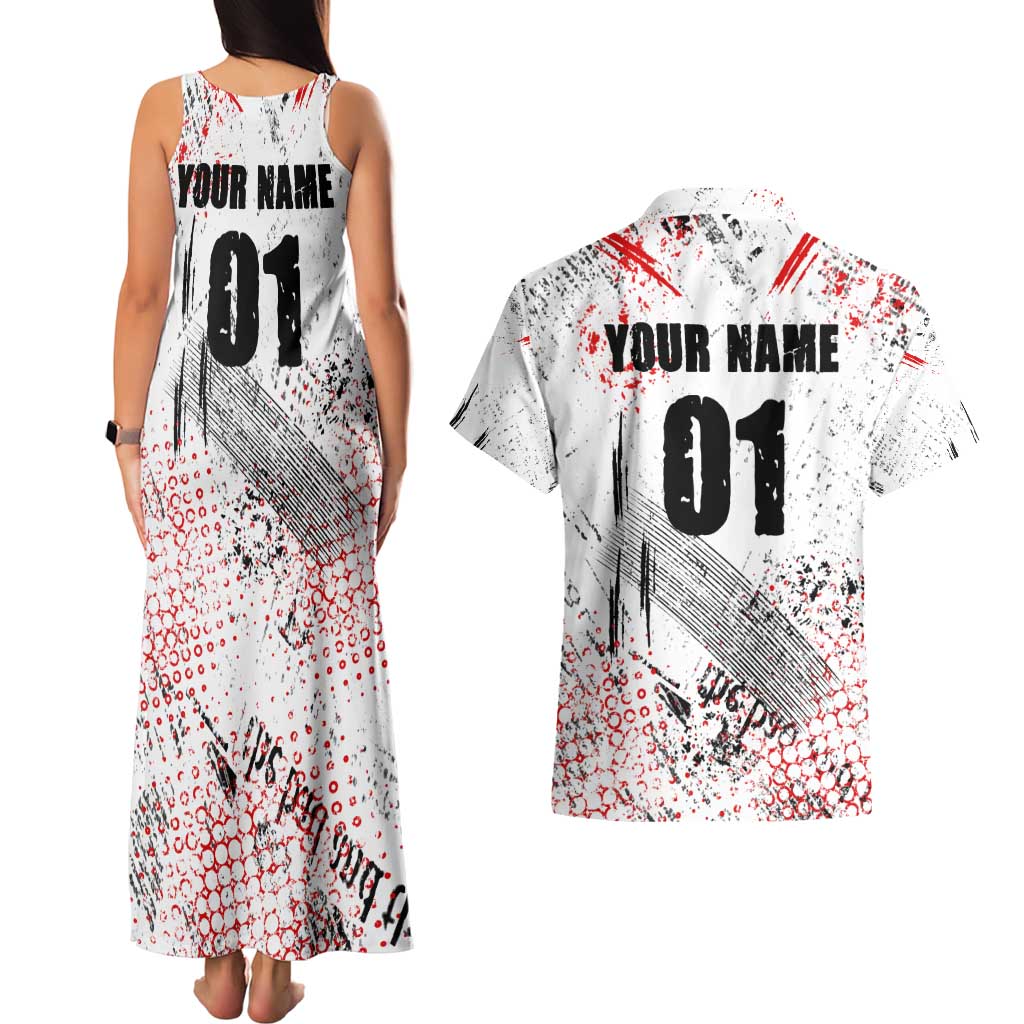 Motocross Rider Couples Matching Tank Maxi Dress and Hawaiian Shirt with Abstract Grunge Brush and Custom Number in Red and Black Splatter Design - Wonder Print Shop