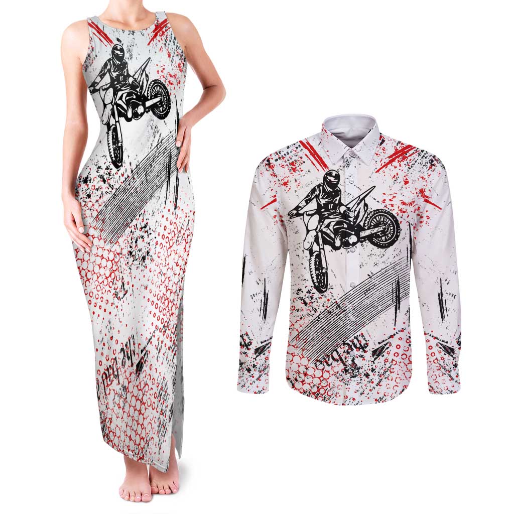 Motocross Rider Couples Matching Tank Maxi Dress and Long Sleeve Button Shirt with Abstract Grunge Brush and Custom Number in Red and Black Splatter Design - Wonder Print Shop