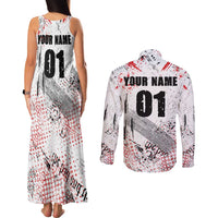 Motocross Rider Couples Matching Tank Maxi Dress and Long Sleeve Button Shirt with Abstract Grunge Brush and Custom Number in Red and Black Splatter Design - Wonder Print Shop
