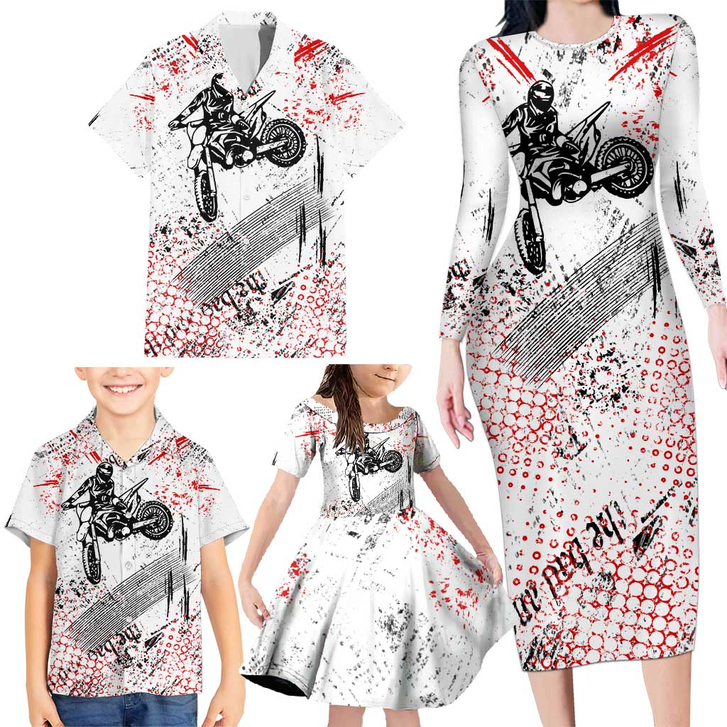 Motocross Rider Family Matching Long Sleeve Bodycon Dress and Hawaiian Shirt with Abstract Grunge Brush and Custom Number in Red and Black Splatter Design - Wonder Print Shop