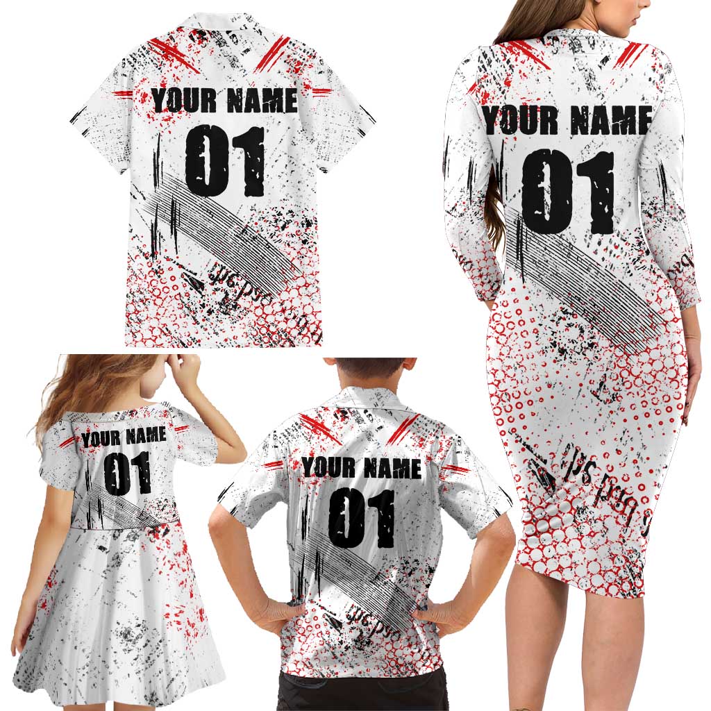 Motocross Rider Family Matching Long Sleeve Bodycon Dress and Hawaiian Shirt with Abstract Grunge Brush and Custom Number in Red and Black Splatter Design - Wonder Print Shop