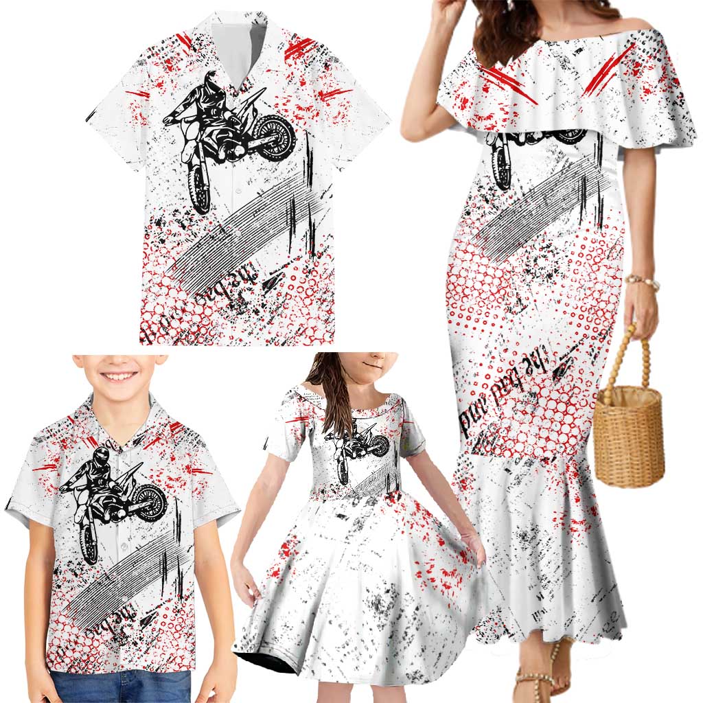 Motocross Rider Family Matching Mermaid Dress and Hawaiian Shirt with Abstract Grunge Brush and Custom Number in Red and Black Splatter Design - Wonder Print Shop