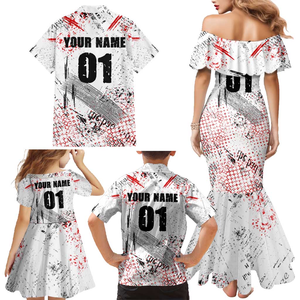 Motocross Rider Family Matching Mermaid Dress and Hawaiian Shirt with Abstract Grunge Brush and Custom Number in Red and Black Splatter Design - Wonder Print Shop