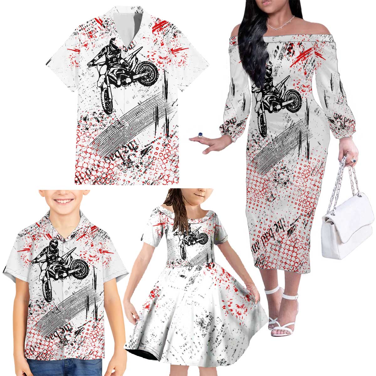 Motocross Rider Family Matching Off The Shoulder Long Sleeve Dress and Hawaiian Shirt with Abstract Grunge Brush and Custom Number in Red and Black Splatter Design - Wonder Print Shop