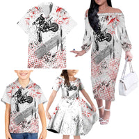 Motocross Rider Family Matching Off The Shoulder Long Sleeve Dress and Hawaiian Shirt with Abstract Grunge Brush and Custom Number in Red and Black Splatter Design - Wonder Print Shop
