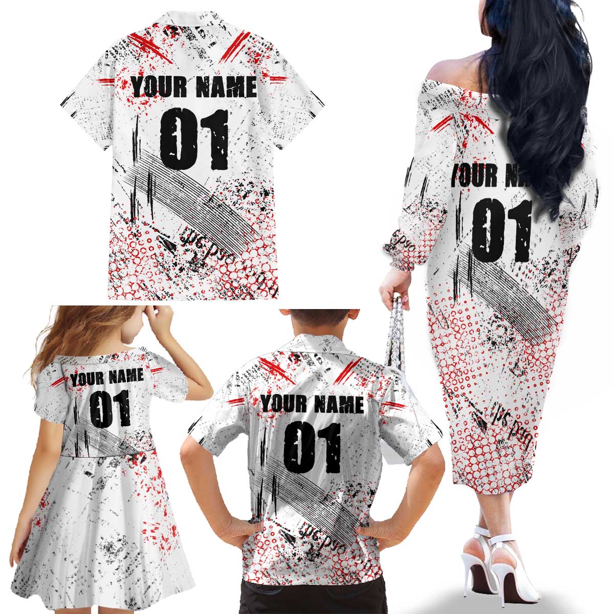 Motocross Rider Family Matching Off The Shoulder Long Sleeve Dress and Hawaiian Shirt with Abstract Grunge Brush and Custom Number in Red and Black Splatter Design - Wonder Print Shop