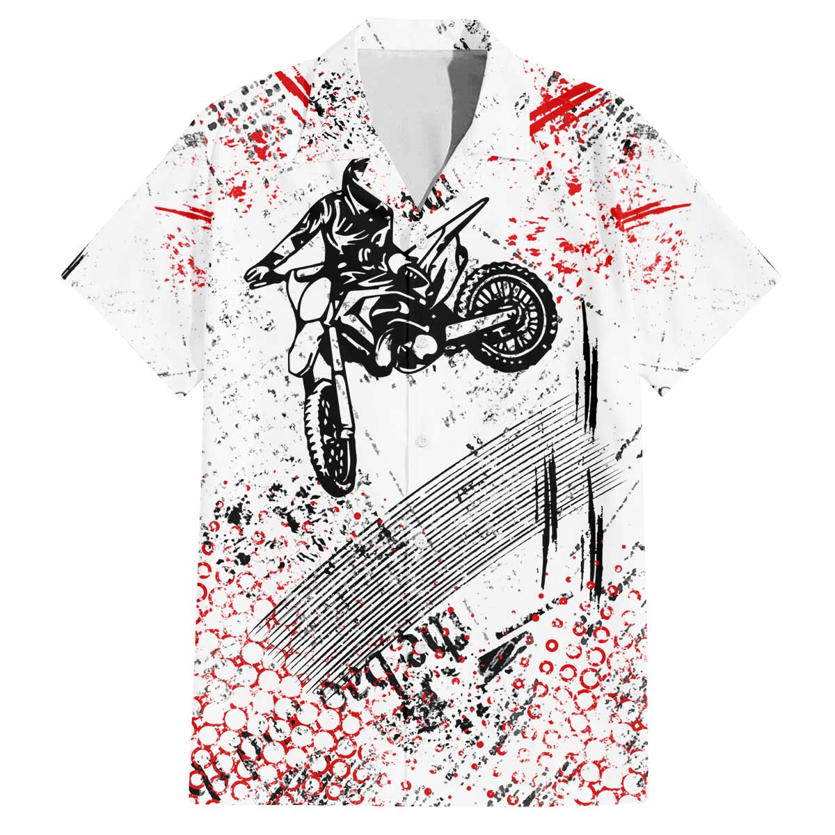Motocross Rider Family Matching Off The Shoulder Long Sleeve Dress and Hawaiian Shirt with Abstract Grunge Brush and Custom Number in Red and Black Splatter Design - Wonder Print Shop
