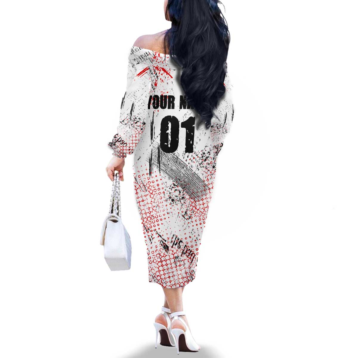 Motocross Rider Family Matching Off The Shoulder Long Sleeve Dress and Hawaiian Shirt with Abstract Grunge Brush and Custom Number in Red and Black Splatter Design - Wonder Print Shop