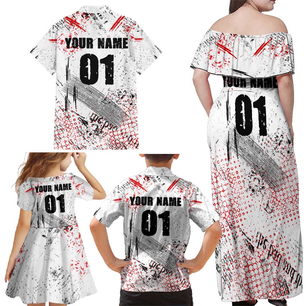 Motocross Rider Family Matching Off Shoulder Maxi Dress and Hawaiian Shirt with Abstract Grunge Brush and Custom Number in Red and Black Splatter Design - Wonder Print Shop