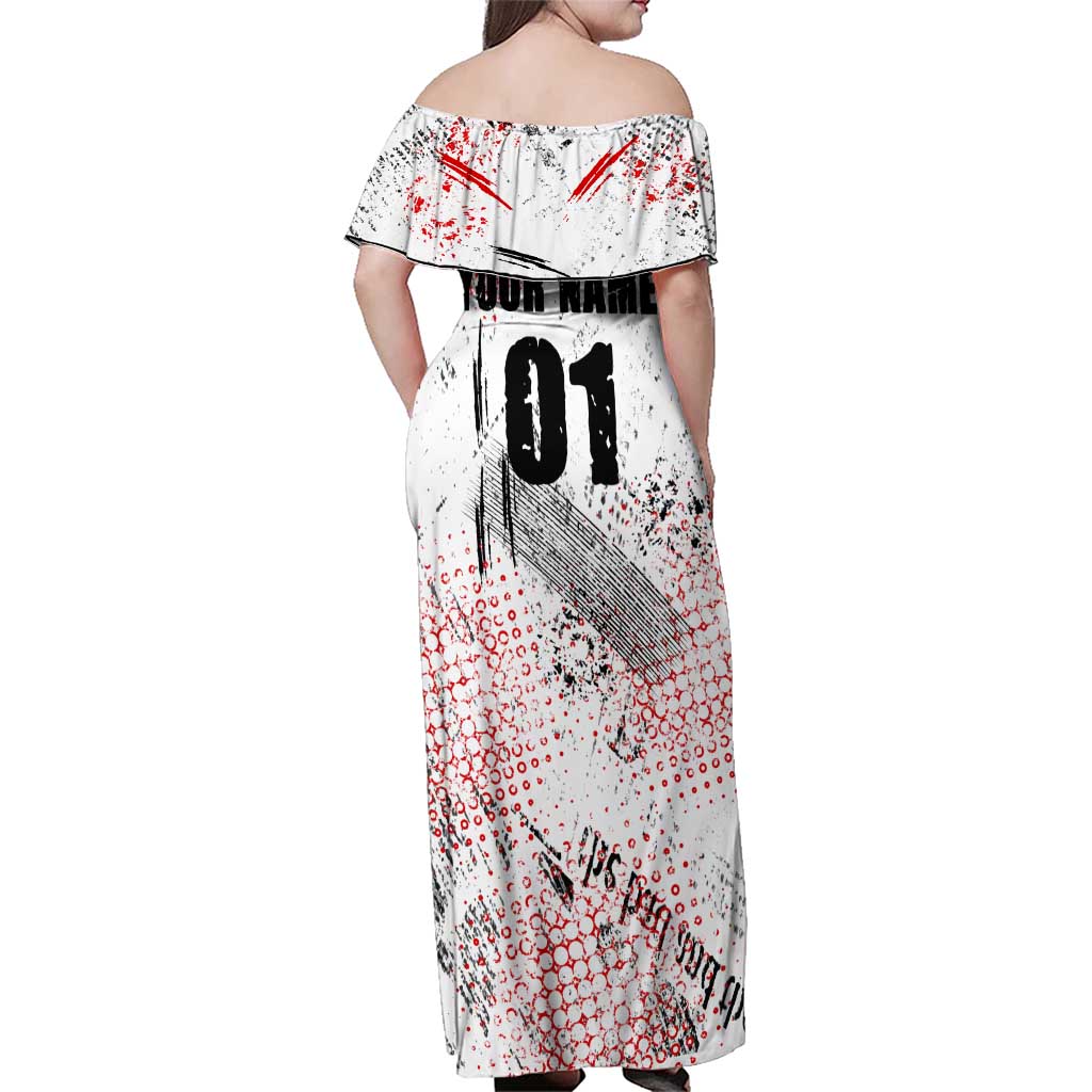 Motocross Rider Family Matching Off Shoulder Maxi Dress and Hawaiian Shirt with Abstract Grunge Brush and Custom Number in Red and Black Splatter Design - Wonder Print Shop