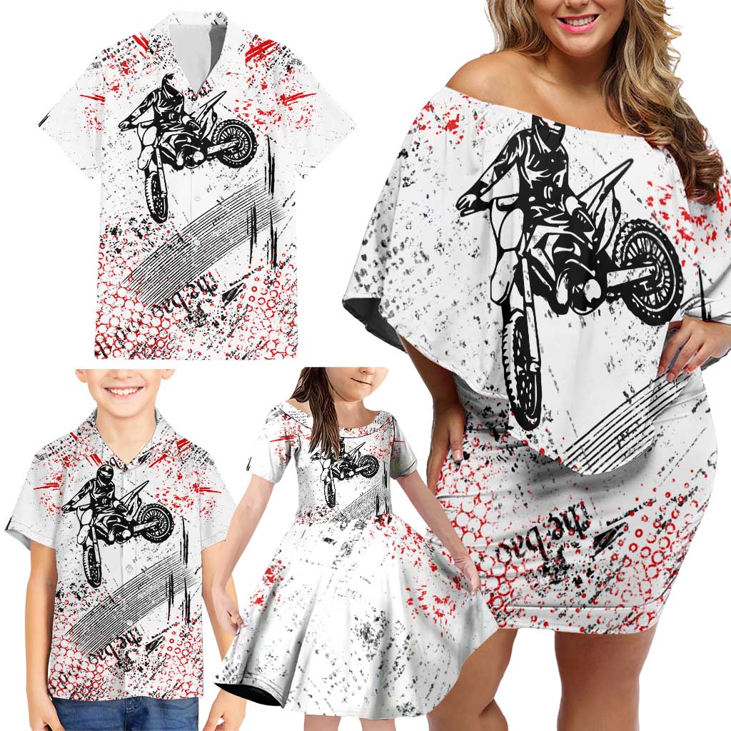 Motocross Rider Family Matching Off Shoulder Short Dress and Hawaiian Shirt with Abstract Grunge Brush and Custom Number in Red and Black Splatter Design - Wonder Print Shop
