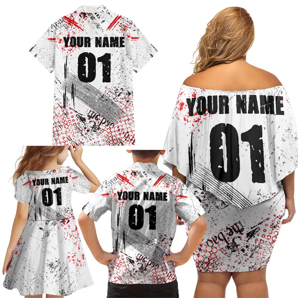 Motocross Rider Family Matching Off Shoulder Short Dress and Hawaiian Shirt with Abstract Grunge Brush and Custom Number in Red and Black Splatter Design - Wonder Print Shop