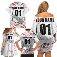 Motocross Rider Family Matching Off Shoulder Short Dress and Hawaiian Shirt with Abstract Grunge Brush and Custom Number in Red and Black Splatter Design - Wonder Print Shop