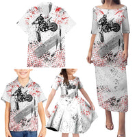 Motocross Rider Family Matching Puletasi and Hawaiian Shirt with Abstract Grunge Brush and Custom Number in Red and Black Splatter Design - Wonder Print Shop