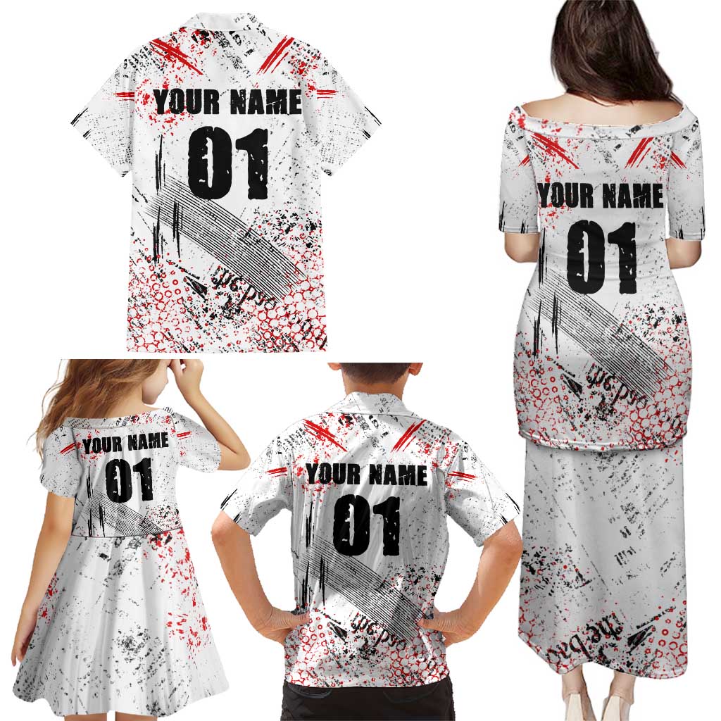 Motocross Rider Family Matching Puletasi and Hawaiian Shirt with Abstract Grunge Brush and Custom Number in Red and Black Splatter Design - Wonder Print Shop