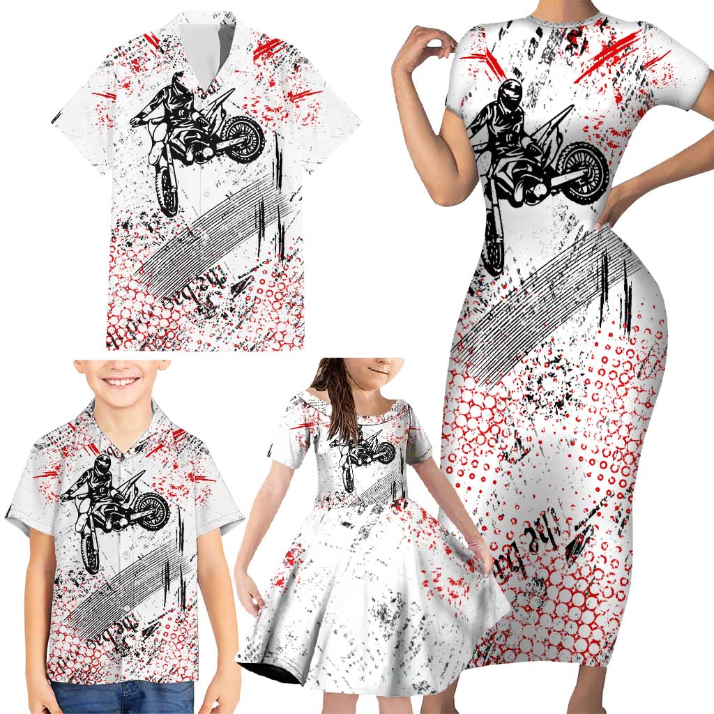 Motocross Rider Family Matching Short Sleeve Bodycon Dress and Hawaiian Shirt with Abstract Grunge Brush and Custom Number in Red and Black Splatter Design - Wonder Print Shop