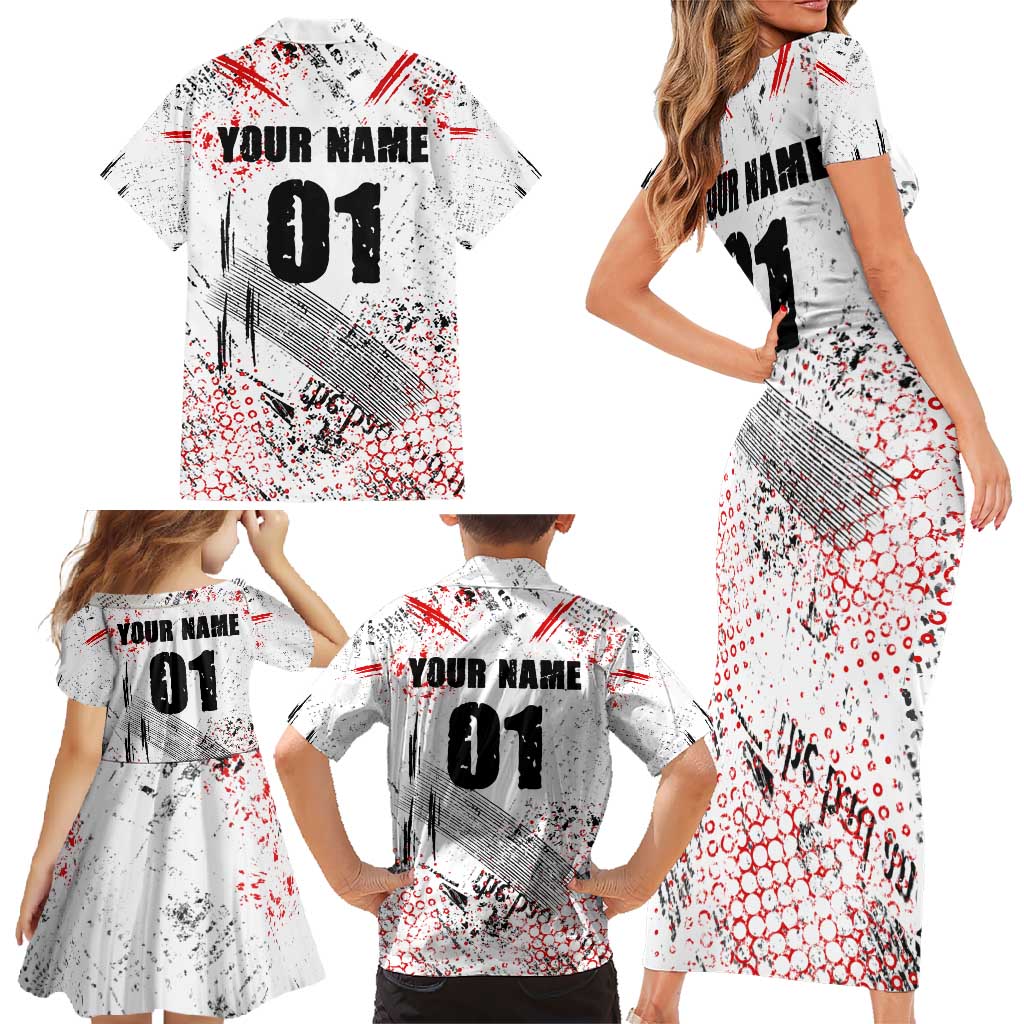 Motocross Rider Family Matching Short Sleeve Bodycon Dress and Hawaiian Shirt with Abstract Grunge Brush and Custom Number in Red and Black Splatter Design - Wonder Print Shop