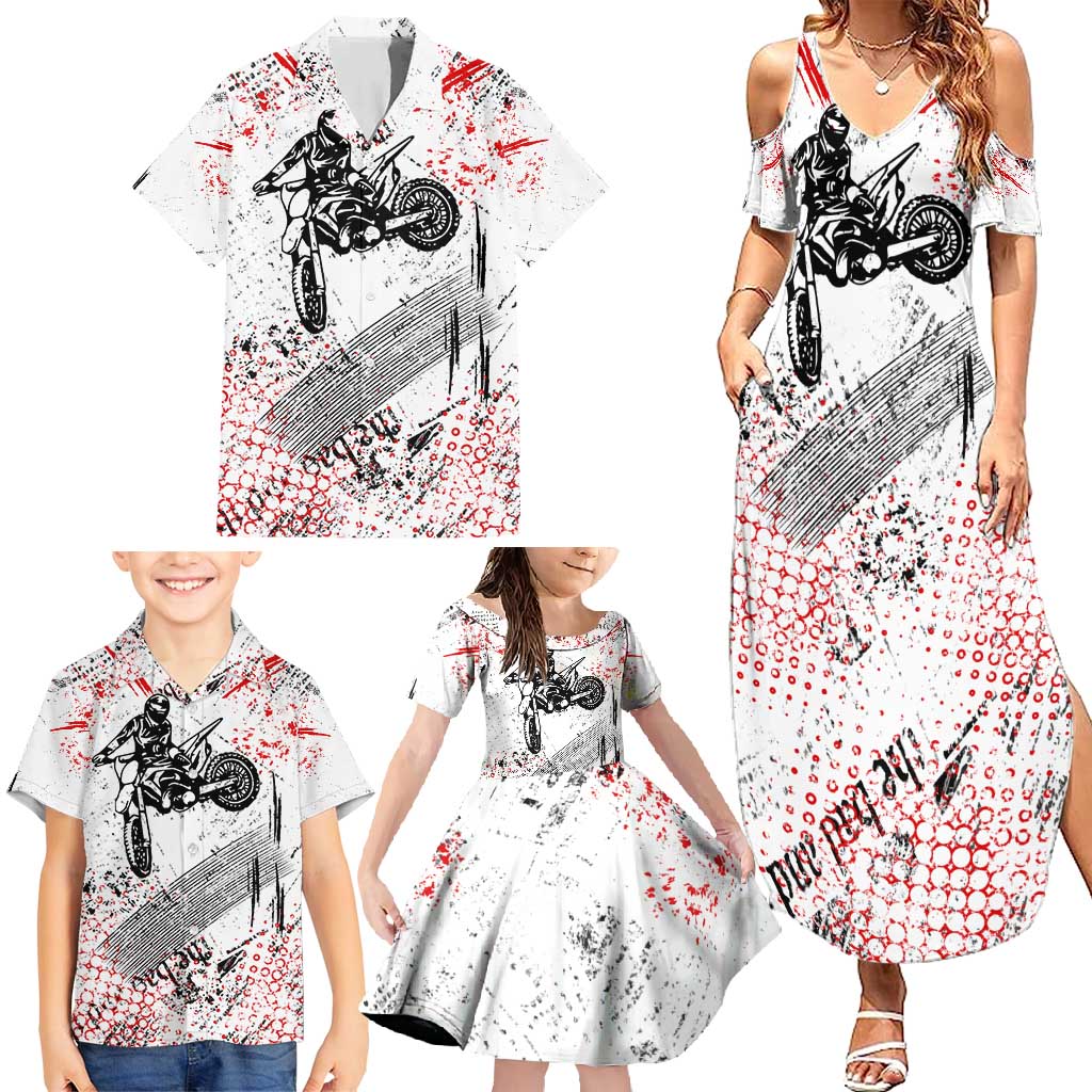 Motocross Rider Family Matching Summer Maxi Dress and Hawaiian Shirt with Abstract Grunge Brush and Custom Number in Red and Black Splatter Design - Wonder Print Shop