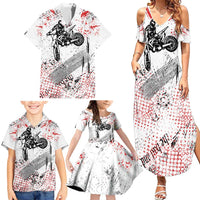 Motocross Rider Family Matching Summer Maxi Dress and Hawaiian Shirt with Abstract Grunge Brush and Custom Number in Red and Black Splatter Design - Wonder Print Shop