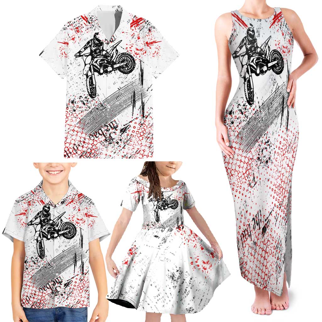 Motocross Rider Family Matching Tank Maxi Dress and Hawaiian Shirt with Abstract Grunge Brush and Custom Number in Red and Black Splatter Design - Wonder Print Shop