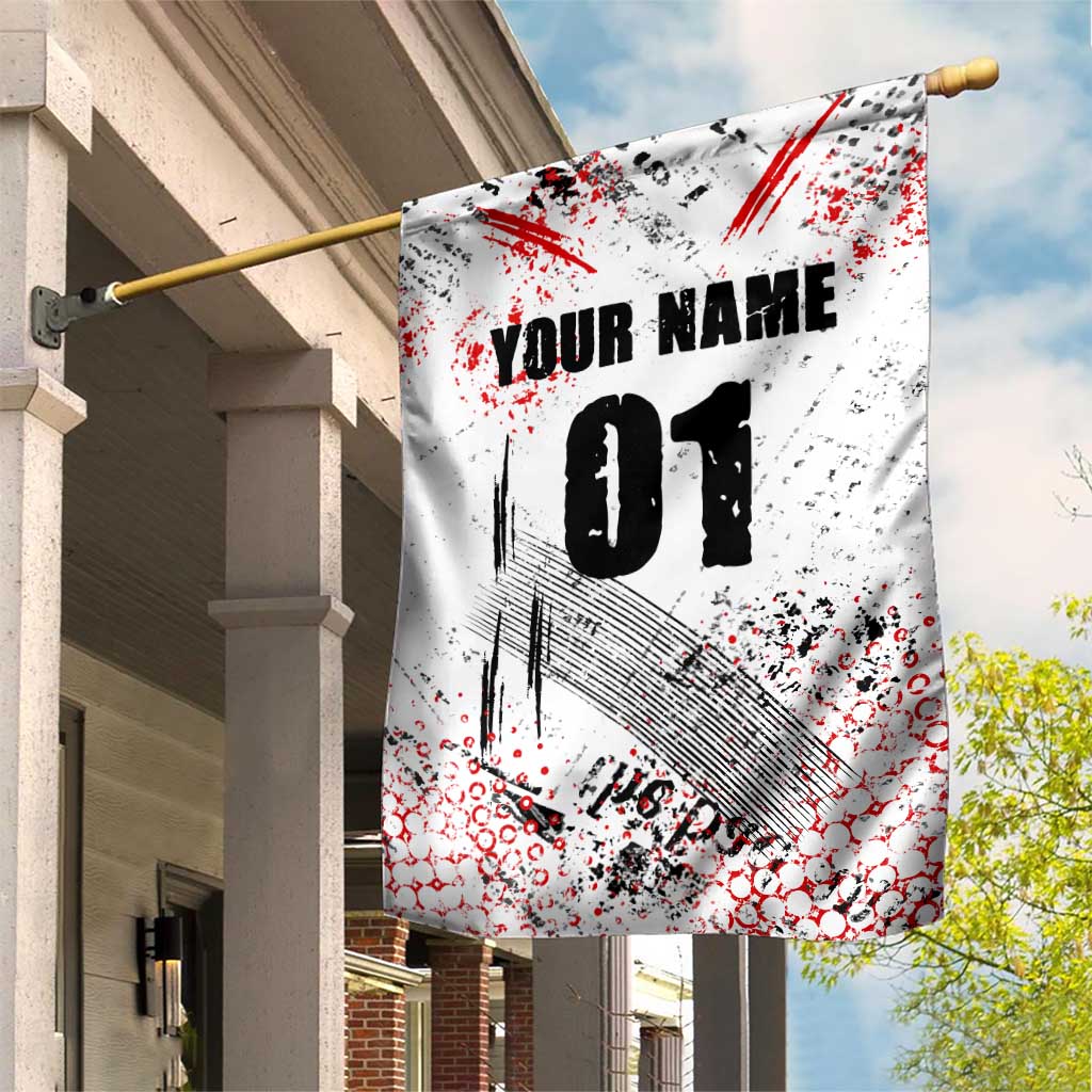 Motocross Rider Garden Flag with Abstract Grunge Brush and Custom Number in Red and Black Splatter Design - Wonder Print Shop